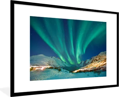 Produktbild von MuchoWow® MuchoWow® Gerahmtes Poster Nordlichter - Norwegen - Winter 90x60 cm - Poster mit zchwarzem Bilderrahmen - Wanddekoration - Fotos