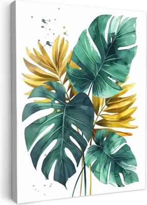 Zdjęcie produktu dla MuchoWow® - Obraz na płótnie - Liście - Monstera - Zielony - Złoty - Nowoczesny, fototapeta, dekoracja ścienna obrazy do salonu, 30x40cm