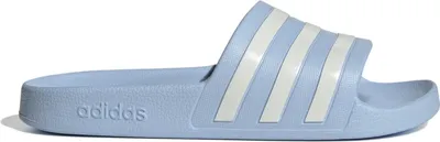 A single Adidas Adilette Aqua slide sandal in light blue with white stripes.
