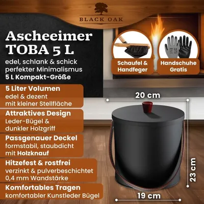 Produktbild von BLACK OAK Ascheeimer TOBA 5L – schwarz mit Deckel, Feger, Schaufel & Handschuhen