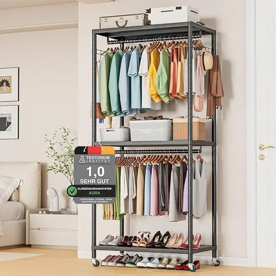 Produktbild von Kleiderständer auf Rollen, Schwerlast Kleiderschrank metall, 200kg maximale Belastbarkeit, 90 × 40 × 200 Zentimeter, Offener Kleiderschrank mit 2 Kleiderstangen, 3 Ablagefächern und 2 Haken