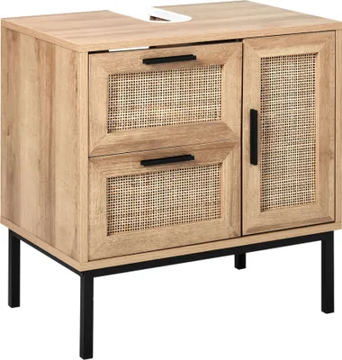 Produktbild von BELIANI Badezimmerschrank Helles Holz Spanplatte Rattan Front Flechtwerk 60 x 60 cm Boho Stil