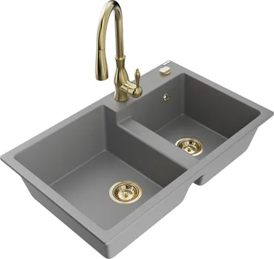 Produktbild von Mexen Tomas 2-Becken-Granitspüle mit Mischbatterie Savita, Grau - 6516-71-672601-50