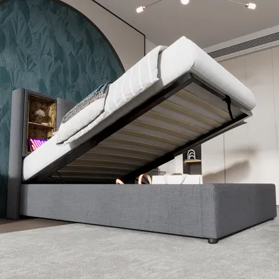 Produktbild von okwish Polsterbett Boxspringbett 90 x 200 cm mit Kopfteil mit Stauraum und USB-Ladeanschluss, Hydraulisches Stauraumbett mit Bettkasten Stauraum und LED-Beleuchtung(mit Matratze)- Grau