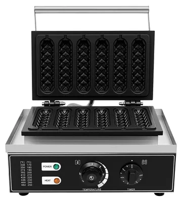 Obrázok produktu pre Elektrický prístroj na prípravu hot dogov a kukurícových párkov – model HYX-119 – 6 formičiek – 1500W, 220V – regulovateľná teplota 50–300°C – vymeniteľná platňa na vafle – čierna farba