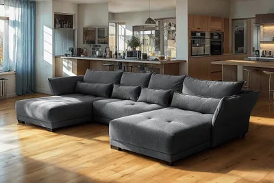 Produktbild von Ecksofa Comfort Deluxe U 360x185 cm Grau, Schlafsofa mit Bettkasten, Multifunktionale Couchgarnitur