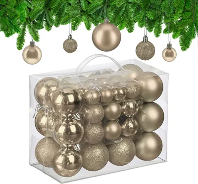 Immagine prodotto di Palline di Natale Relaxdays, set da 50 pezzi, in plastica, palline scintillanti, opache e lucide, decorazioni per l'albero di Natale, color champagne