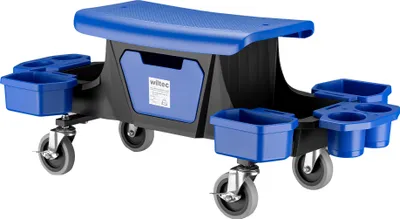 Produktbild von Wiltec Rollsitz bis 150 kg, Werkstatthocker mit Rollen, Rollhocker mit Werkzeugablage und Halterungen, Werkstattstuhl mit versteckter Schublade, Montagehocker mit Rädern