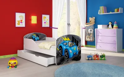 Produktbild von ACMA I Jugendbett Kinderbett Junior-Bett Komplett-Set mit Matratze Lattenrost Weiß 05 Weiße Auto 160x80 + Bettkasten
