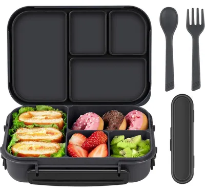 Obrázok produktu pre Obedárová nádoba pre deti, Bento Box, 1200 ml, s 4 priehradkami a príborom, tmavosivá, vhodná do mikrovlnnej rúry a umývačky riadu, bez BPA
