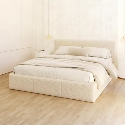 A bedroom scene with a bed.