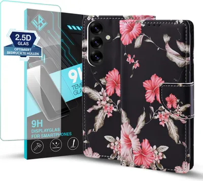 Produktbild von Handy Hülle für Samsung Galaxy S25 mit 9H Displayglas Klapphülle Bookcase Flip Cover Handy Tasche Etui Motiv: Blumen Hibiskus Blüten