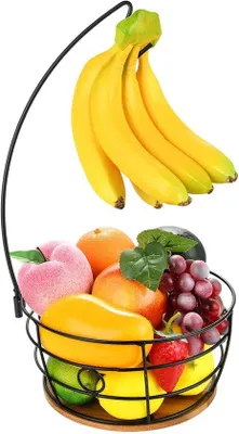 Productafbeelding van Famanu fruitschaal met bananenhouder – moderne presentatie van fruit met een zwarte houten voet