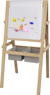 Produktbild von AIYAPLAY Kinderstaffelei 3 in 1 Kindertafel Doppelseitige Staffelei Whiteboard mit Papierrolle und 2 Körben Rahmen A 58x50,5x109 cm Natur
