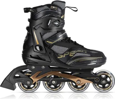 A single black and gold inline skate is shown against a white background.
