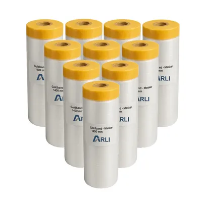 Produktbild von ARLI 10x Goldband Masker 1400 mm x 25 m Abdeckfolie mit Klebeband Malerfolie Transparent Baufolie Tape
