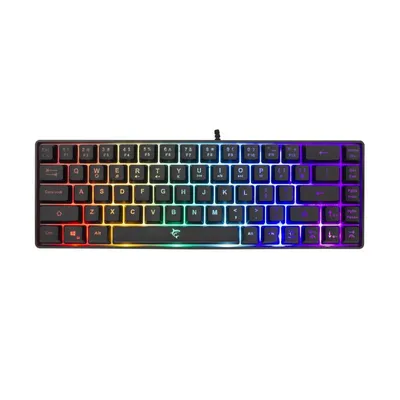 A black mechanical keyboard with RGB lighting is shown against a white background.