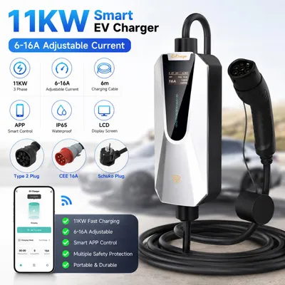 Produktbild von JUNSUN Mobile Wallbox 11 kW Typ 2 Elektroauto Ladekabel 6 m, 6–16 A einstellbar, APP-Steuerung, LCD-Display, 3-phasig, mit Schuko-Adapter, IP65, KI-generiertes Bild