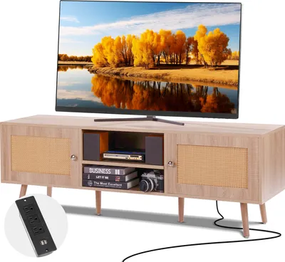 Produktbild von VEVOR Rattan-TV-Ständer, Retro-TV-Schrank für 165 cm Fernseher, Boho-Rattan-Fernsehschrank mit eingebauter Steckdose & USB-Anschlüssen, verstellbare Regale für Wohnzimmer, Medienraum, Eiche