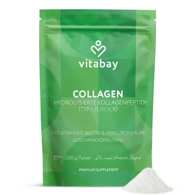 Produktbild von Vitabay Kollagen Pulver Komplex 1 kg Hochdosiert – Bioaktive Collagen Hydrolysat Peptide Typ 1, 2, 3, 5, 10 - mit Vitamin C, Biotin & Hyaluronsäure