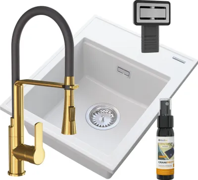 Zdjęcie produktu dla Granitan | Zlewozmywak granitowy – 50 x 40 cm – biały – bateria VEGAS Gold – z syfonem – ALOR