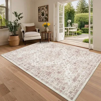Obrázek produktu pro Boho vintage koberec - 200 × 290 cm - Růžová barva - Pruhovaný vzor - Materiál: Fleece - Lze prát v pračce - Protiskluzová gumová spodní strana