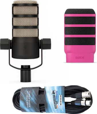 Produktbild von Rode Mikrofon Podmic mit WS14P Popschutz Pink und Kabel