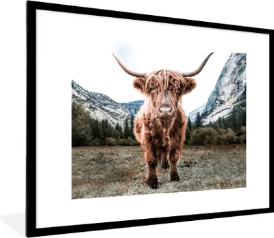 Produktbild von MuchoWow® Gerahmtes Poster Schottischer Highlander - Berg - Tiere 80x60 cm - Poster mit Schwarzem Bilderrahmen Wandposter Rahmen Foto Bilder - Schlafzimmer-Dekorationen - Fotoposter