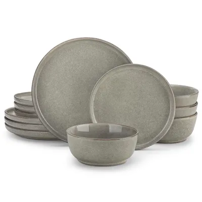 Image de vancasso Service de table, 12 pièces service combiné en faïence, set de vaisselle avec set d'assiettes, bol pour 4 personnes, marron