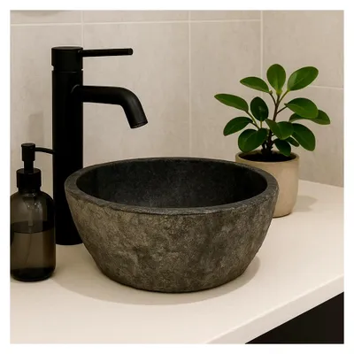 Produktbild von Ovales Waschbecken aus Flussstein - Naturstein - Aufsatzwaschbecken für das Badezimmer - Handwaschbecken - Grau (30-35x25-30cm)