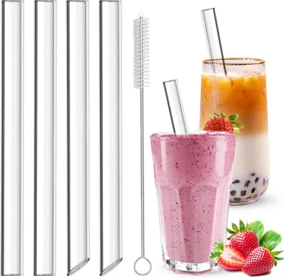 Produktbild von Glas-Trinkhalme dick 14 mm Durchmesser, 21,5 cm lang, 4 Stück, wiederverwendbar für Bubble Tea