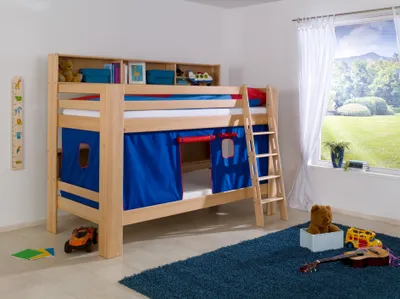 Produktbild von Relita Etagenbett Jan mit Bücherregal und Vorhang 90 x 200 cm, braun/blau