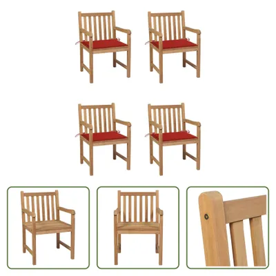 Produktbild von The Living Store Gartenstühle 4 Stk. mit Roten Kissen Massivholz Teak