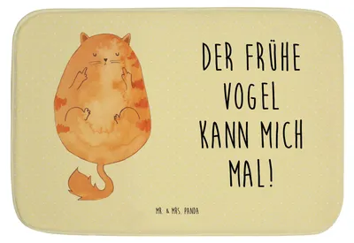 Produktbild von Mr. & Mrs. Panda Badteppich Katze Frühaufsteher - Gelb Pastell - Geschenk, teppich für bad, fußmatte, Kaffee, Mittelfinger, Katzen, Verschlafen, Badezimmer Matte, Genervt