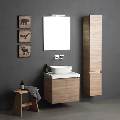 Produktbild von 60cm Holzoptik-Badmöbelset mit rundem Waschbecken und Hochschrank | Valentina