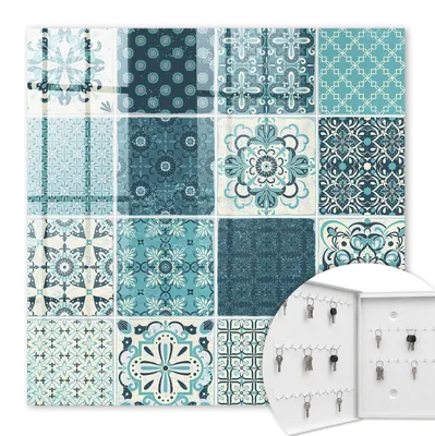 Produktbild von Metall Schlüsselkasten 30 x 30 cm - weißer Schlüsselschrank zur Wandmontage - wandhängende Schlüsselbox mit Tür - nach links öffnend - Schlüsselaufbewahrung für Flur - Büro - Arbeitszimmer - Werkstatt - Garage - Retro-Mosaik