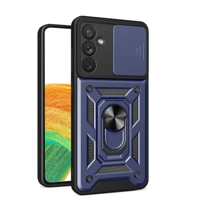 A blue phone case with a camera cover and ring holder is shown against a white background.