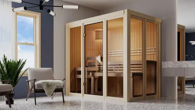 Produktbild von Karibu Sauna Innensauna Irava 3 Fronteinstieg Ofen 3,6 kW -Ofen externe Strg. easy 216x137x198 cm ohne Dachkranz