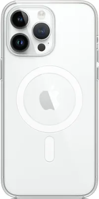 A clear iPhone 14 Pro Max case with MagSafe is shown on a white background.