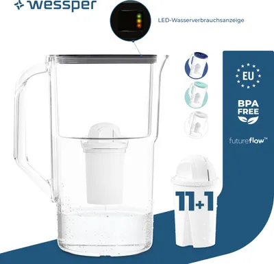 Produktbild von Wessper Wasserfilterkanne 3,3 Liter mit LED-Zählwerk Classic Filterkaraffe kompatibel mit Brita Classic Filter - schwarz | 12x Filter enthalten