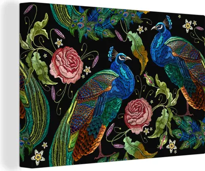 Produktbild von MuchoWow® - Leinwandbilder - Stickereidruck - Pfau - Blumen - Rosen, Wandbild, Wanddeko Bilder Wohnzimmer, 60x40 cm