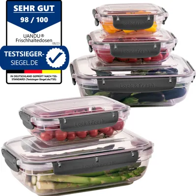 Produktbild von uandu Lock & Fresh 5er Vorratsdosen set, frischhaltedosen mit deckel für lebensmittel, Mikrowellen-, und Gefriergeeignet, vorratsdosen mit deckel, meal prep boxen, aufbewahrungsbox küche - Anthrazit