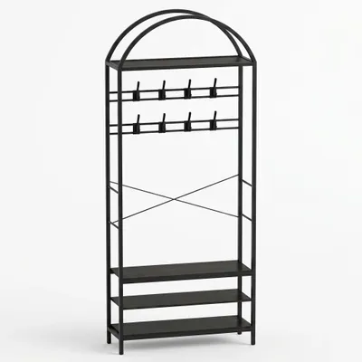Produktbild von Flur Garderobe mit Sitzbank - Garderobenständer mit Schuhregal - Ablagefächer und Haken - Metallgestell - Für Diele Schlafzimmer Wohnzimmer - Schwarz