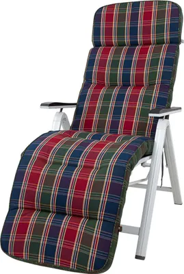 A recliner chair cushion with a plaid pattern.