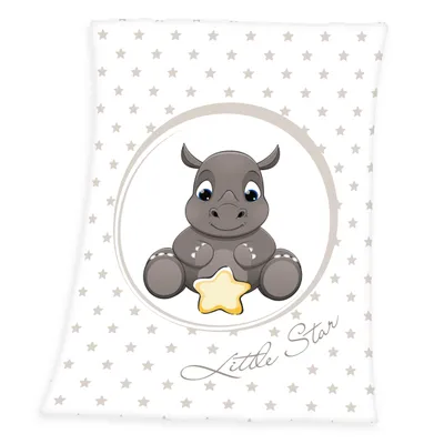 A baby blanket with a cartoon rhino and stars.