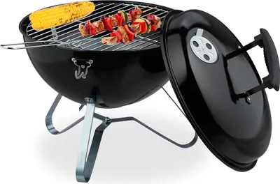 Produktbild von Relaxdays Kugelgrill, tragbar, Ø 37 cm, Picknickgrill für Garten & Park, Holzkohlegrill mit Deckel, Rundgrill, schwarz