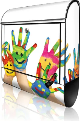 Zdjęcie produktu dla banjado Design Skrzynka pocztowa stalowa czarna z przegródką na gazety, malowana proszkowo „Happy Hands” 38 x 46 x 12,5 cm i 2 klucze – skrzynka pocztowa A4 z otworem na listy, wraz z materiałami montażowymi [BK 10310]