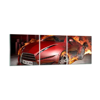Produktbild von Bilder auf glas - Auto Flammen Rot - 90x30cm - Glasbilder - Wandbilder - Kunstdruck - zum Aufhängen bereit - Wanddekoration aus Glas - Glas Bilder - Wandbild auf Glas - 3 Teile - GCA90x30-0200