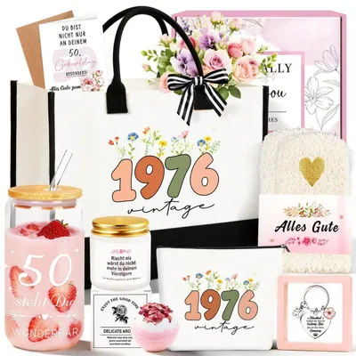 Immagine prodotto di Set regalo per il 50° compleanno, da donna, composto da 8 pezzi, con borsa in tela vintage e biglietto di auguri