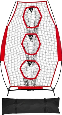 Zdjęcie produktu dla Trenażer rzutów dla rozgrywającego futbolu amerykańskiego – siatka do rzutów – 3 torby do rzutów – 168 x 77 x 245 cm – z torbą transportową – do treningu podań i rzutów – czerwona